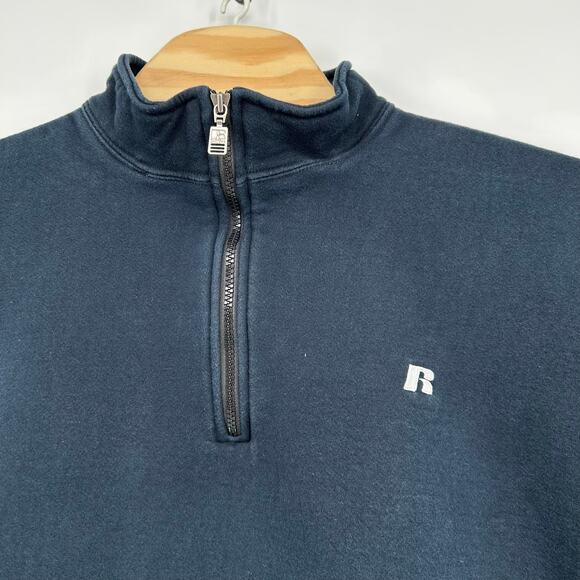 Vintage 90s y2k Men's XL Russell Athletic Navy Blue Blank quarter zip Sweatshirt - Picture 2 of 4